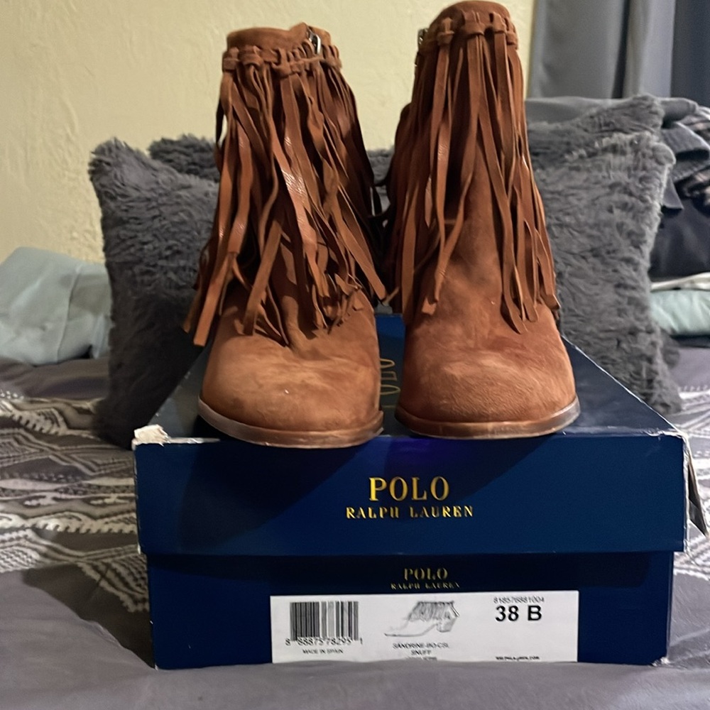 Polo by Ralph Lauren Brown Suede Fringe Heeled Ankle Boots - Picture 4 of 5